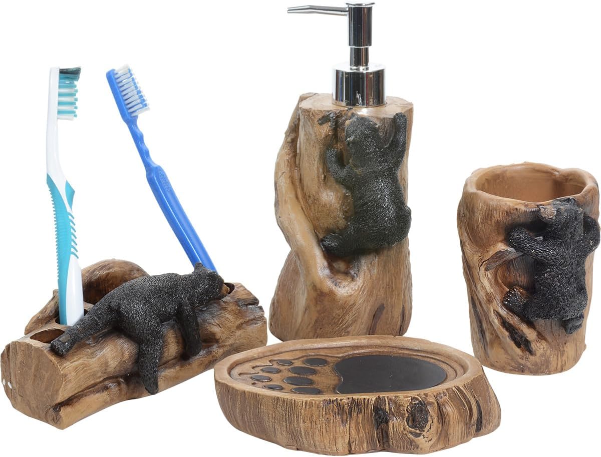BLACK FOREST DECOR Climbing Black Bears Bath Set – Rustic Lodge Polyresin Bathroom Accessories – Set of 4
