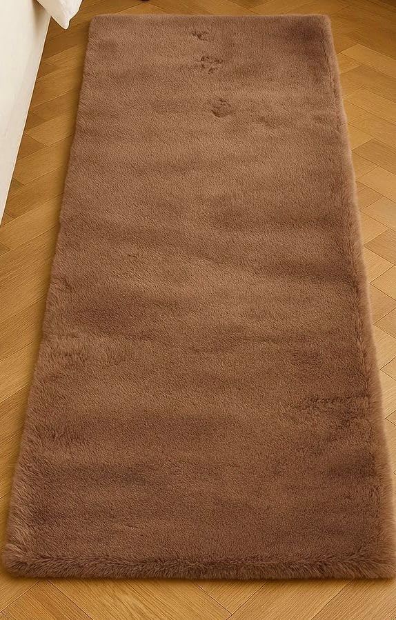 Image of Adorn Supersoft Rabbit Fur Bedside Runner Rug, 60 * 140cms Anti-Skid Backing (Brown)