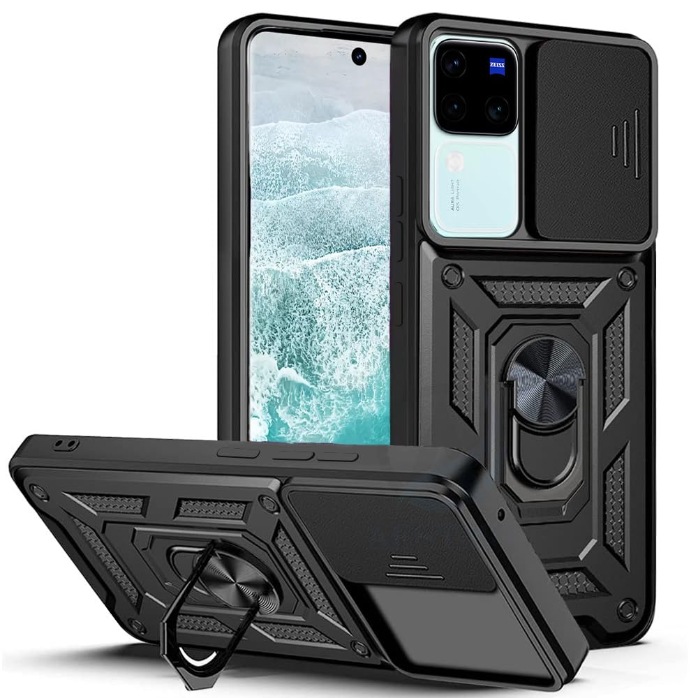AESTMO Polycarbonate Tough Armor Vivo V30 / V30 Pro 5G Bumper Back Case Cover | Ring Holder & Sliding Camera Shield Cover | 360 Degree Protection Back Case Cover For Vivo V30 5G (Black) (B0D2HKGH2D) Amazon Price History, Amazon Price Tracker