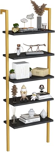 Miniatura 7 de DKLGG Estantería de pared con escalera industrial, estante para libros montado en 5 niveles, estante de exhibición abierto con marco de metal,