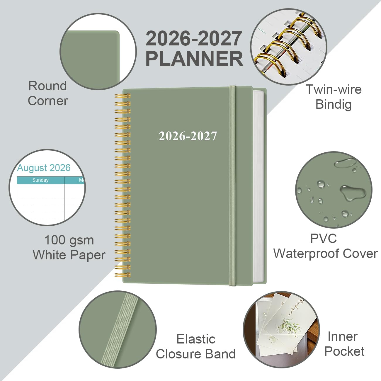 Agenda 2025-2026, 18 mesi, settimanale e mensile da gennaio 2025 a giugno 2026, agenda a spirale 2025 con chiusura elastica, tasca interna, 21,6 x 27,9 cm, verde acqua