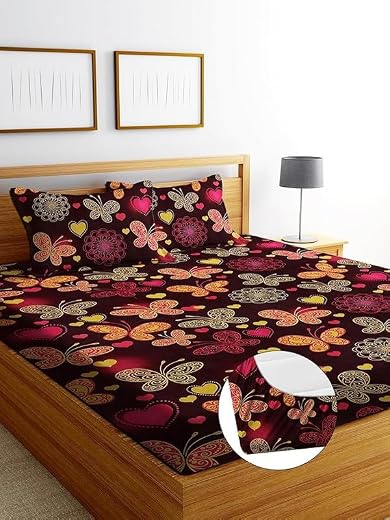 Geeta Homes Premium Cotton Feel Glace Cotton 210 Tc Elastic Fitted Bedsheets with 2 Pillow Covers Double Bed with Corner E...