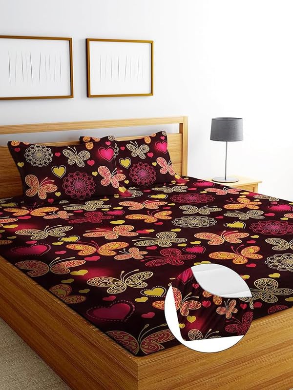 Premium Cotton Feel Glace Cotton 210 Tc Elastic Fitted Bedsheets with 2 Pillow Covers Double Bed with Corner Elastic Floral Pattren |Size-72X68+ 6 Inches Homes 1238-picture-28
