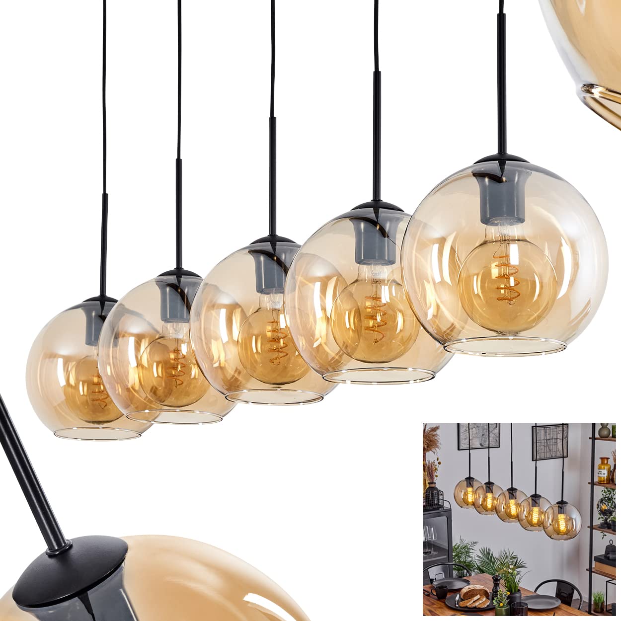 Koyoto Hanging Light, Hanging Light Made of Metal/Glass in Black/Amber, 5-Flame lamp in Vintage/Retro Design with Glass lampshades (Ø 20 cm), Height max. 152.5 cm, 5 x E27, Without Bulbs