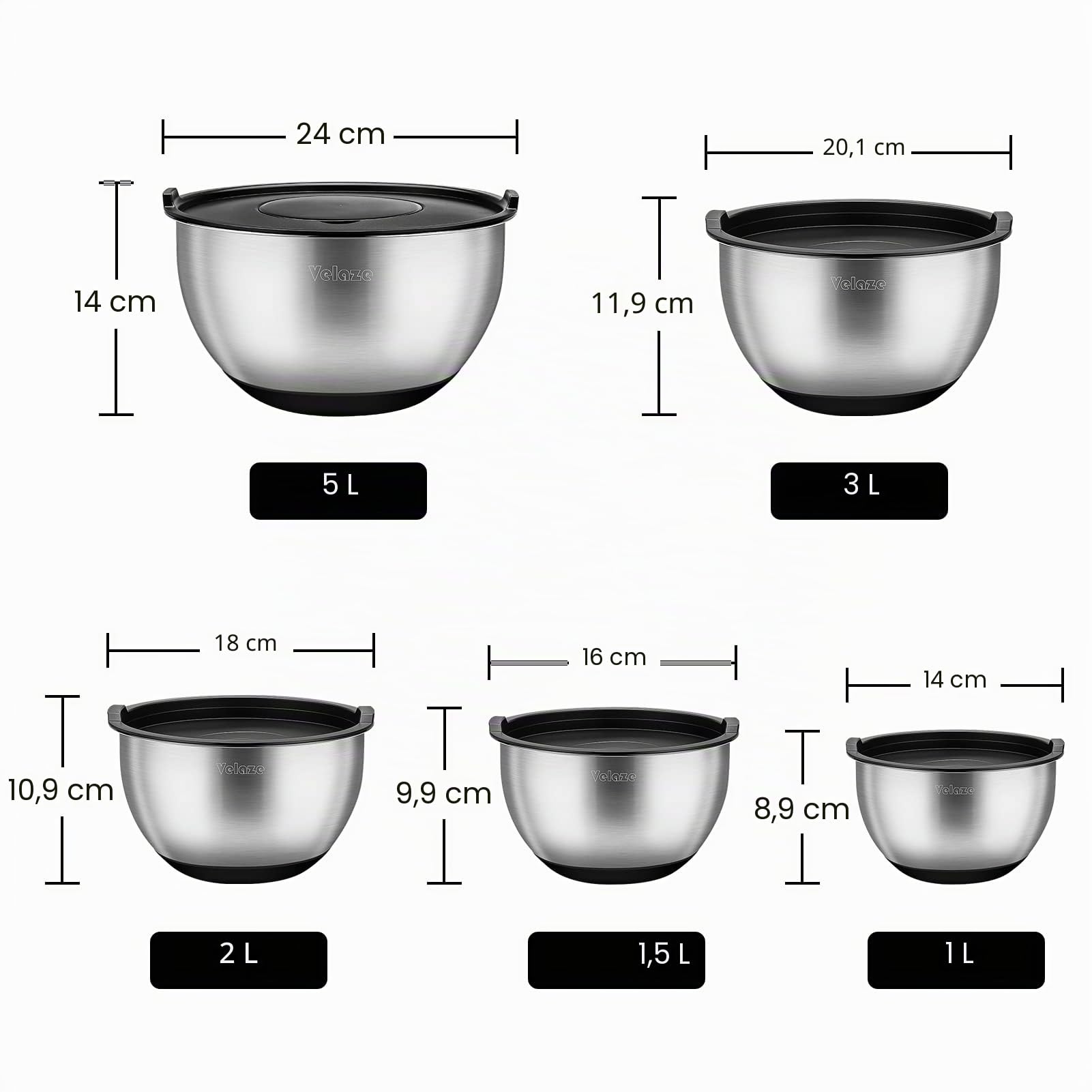 Velaze Juego de cuencos de acero inoxidable, 5 unidades, ensaladera con tapa, cuenco para mezclar con 3 ralladores, base de silicona antideslizante, 5 l, 3 l, 2 l, 1,5 l, 1 l, diferentes tamaños para