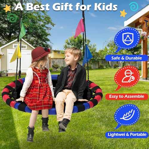 Image of HeyZoo Saucer Swing, 40 Inch Swing Sets for Backyard and Outdoor Playground, 900lbs Weight Capacity, with 360 Degree Swivel, Gifts for Kids, Blue and Red