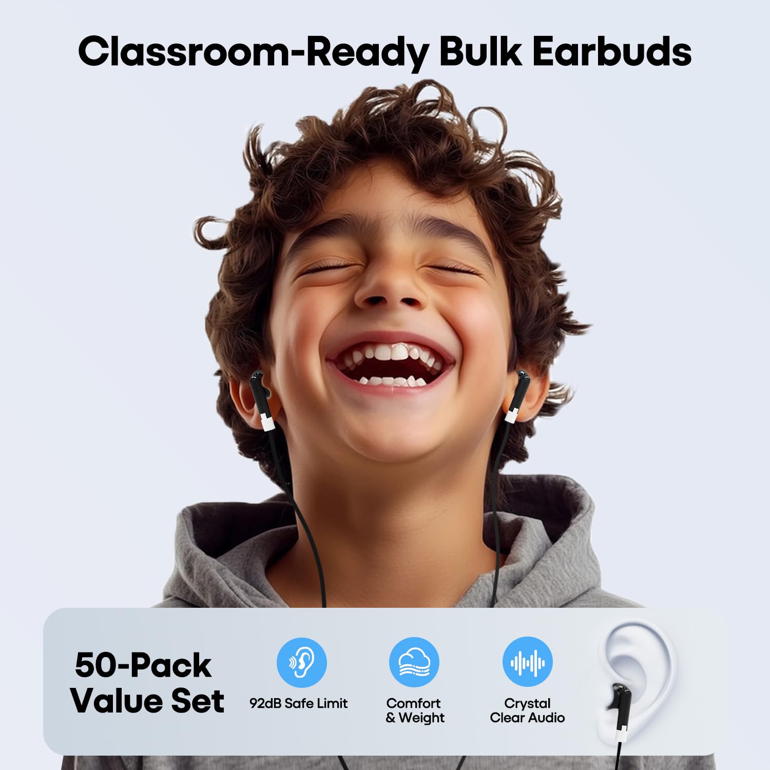 100er-Pack Kinder-Ohrhörer für Klassenzimmer, kabelgebundene Kopfhörer für Studenten, Schul-Kopfhörer für Computer-Labors, Audiometer, In-Ear für Online-Lernen und Chromebook (schwarz)