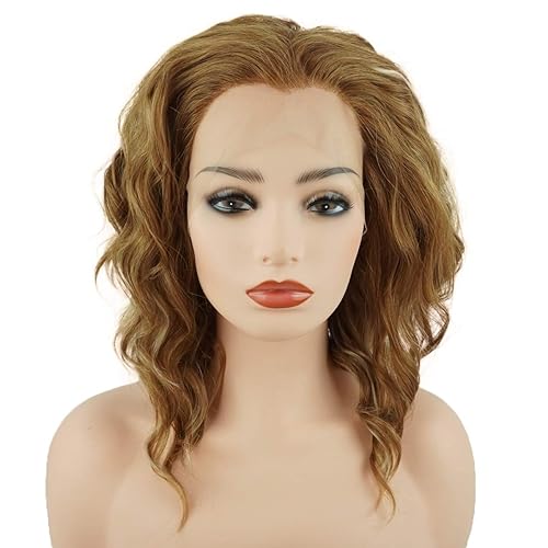 Pelucas de cabello rizado corto de 14 pulgadas rubio claro y rubio miel mezcla de alta densidad realista sintético con encaje frontal
