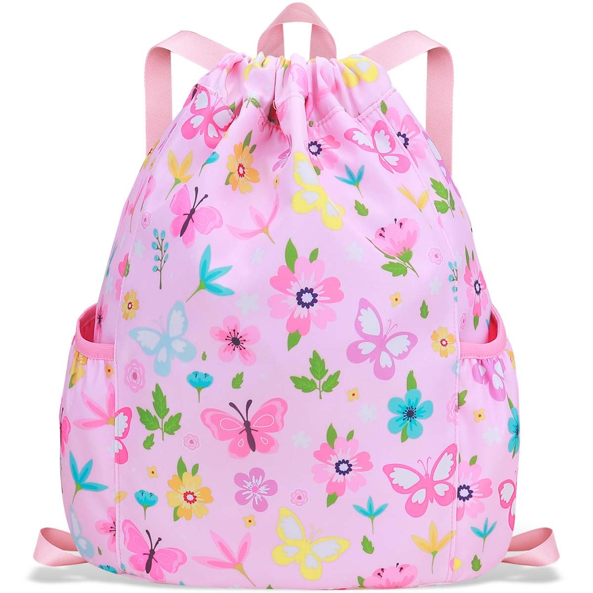 Drawstring Backpack for Kids - Butterfly Bags for Girls Mini Gym Dance Beach Swim Travel Bag With Two Water Bottle Holder