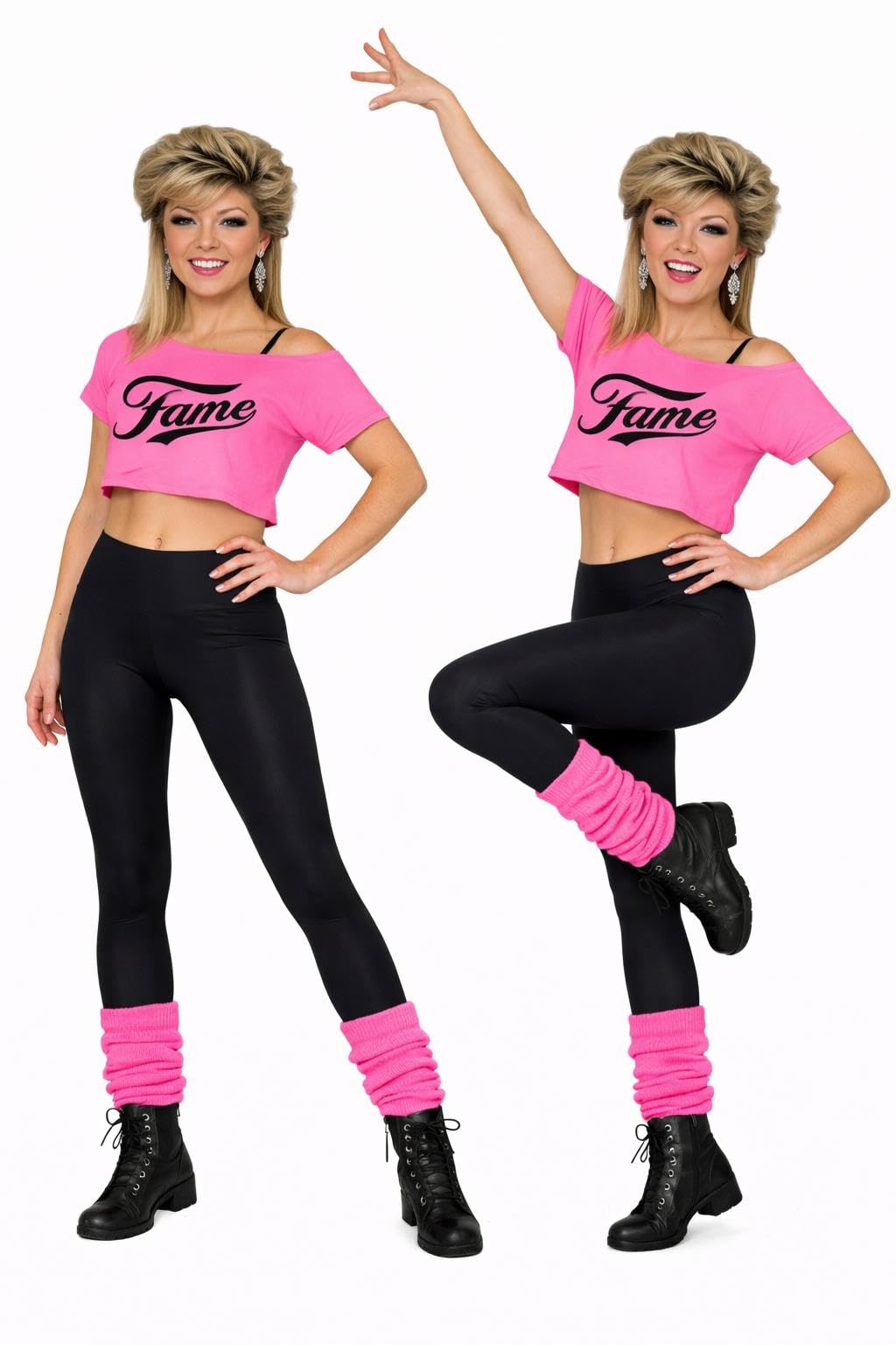 Adults 1980's 80's 1990's 90's Off The Shoulder Pop Icon Slogan Crop Top [Fame Pink S-M]