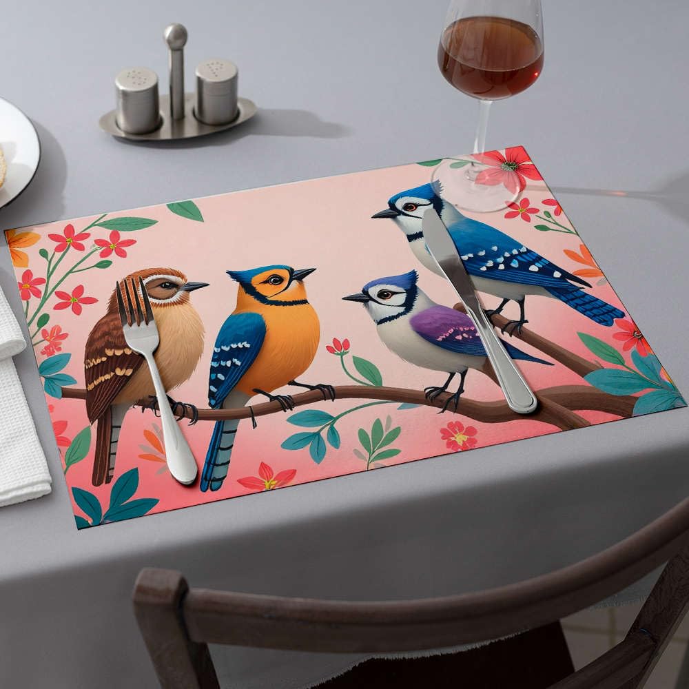 Set de table rose anti tache lavable 6 pièces oiseaux sur branche