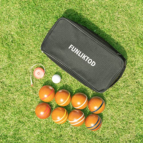 Funliktod Hardwood Bocce Ball Set With 8 Wooden Balls&White Pallino & Carry Case & Measuring Tape For Family Outdoor Lawn Beach Backyard Games (2.95') #TOP7
