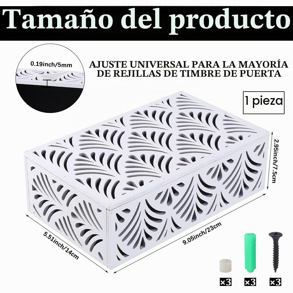 Cubierta de Timbre de Puerta Blanca con Patrón Abstracto En Forma de Abanico Caja Decorativa Rectangular de Madera Fácil de Instalar Caja de Cubierta de Timbre para Montar En la Pared para