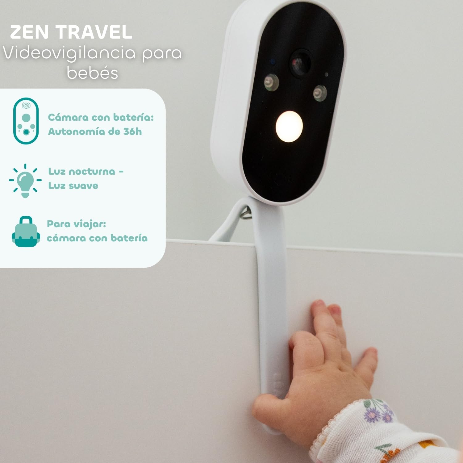 BÉABA Zen Travel Dodatkowa kamera dla niemowląt, 36-godzinna bateria 36 godzin, bez WiFi, lampka nocna, elastyczna podstawka, kompatybilna z Zen Travel/Zen Premium/Zen Night Light/Zen Smart AI