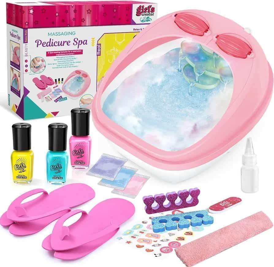 Kids Pedicure Spa Play Set with Bubble Foot Bath, Nail Polish, Slippers, Toe Separators & Beauty Accessories, Pretend Salon Toy for Girls-picture-28