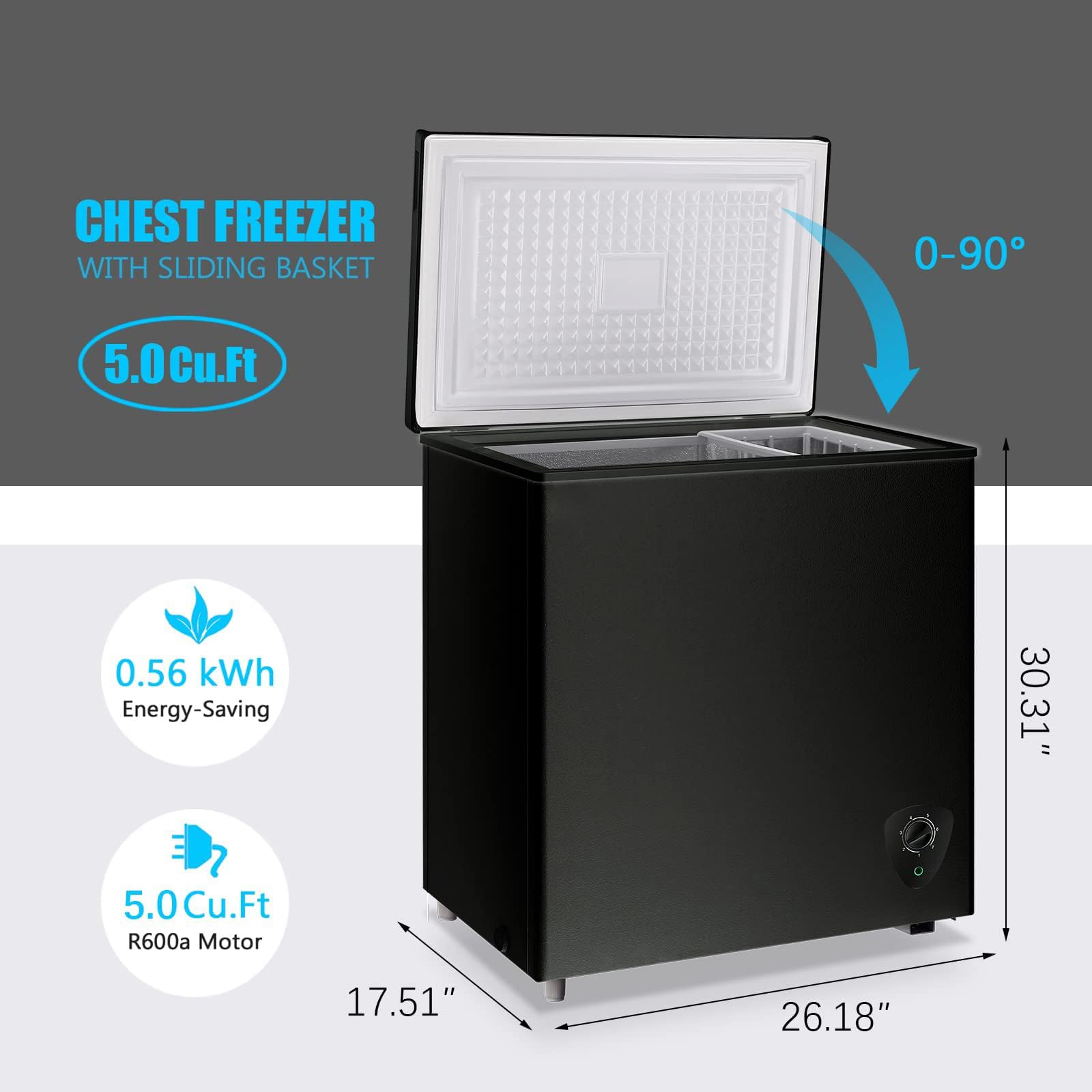 Chest Freezer, 5.0 Cu.Ft, Black, with Sliding Basket, Quick Cooling, Energy Saving, Professional Compressor — view 3
