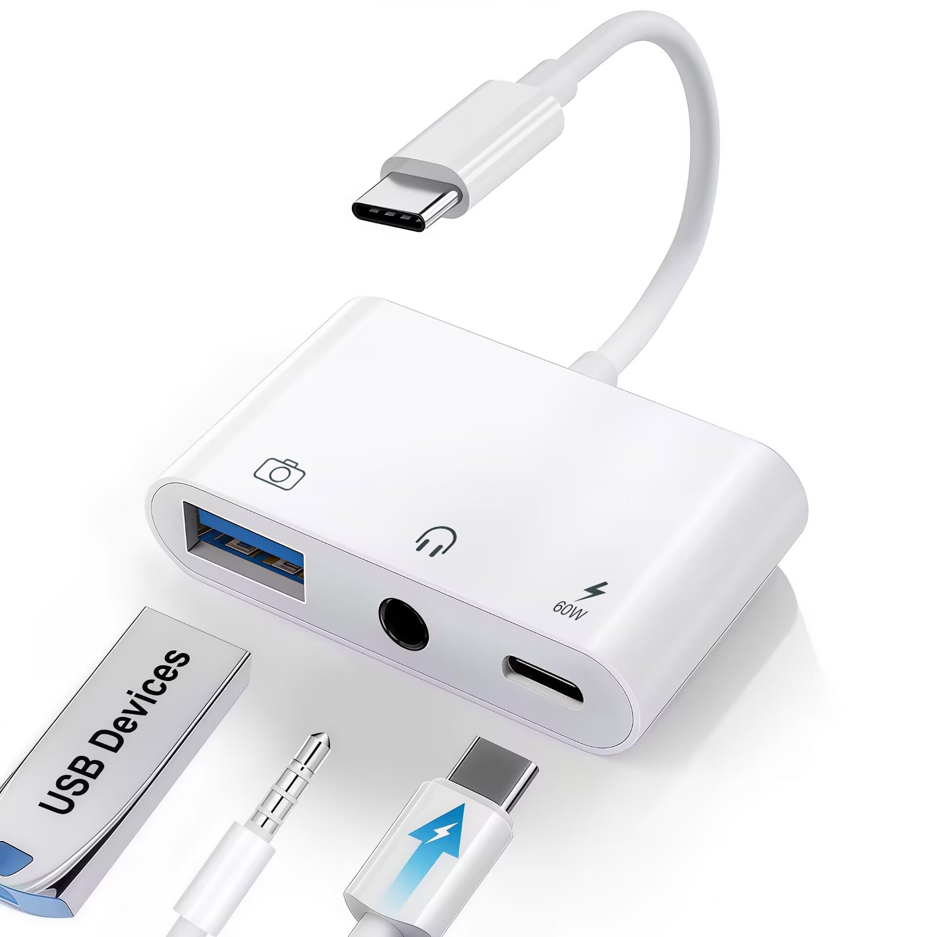 Adapter USB C na USB, adapter audio 3 w 1 USB C na 3,5 mm z portem szybkiego ładowania PD 60 W, wielofunkcyjny adapter Aux na typ C, kompatybilny z iPhone 17/16/15, iPad Pro, MacBook, Galaxy S26 i nie