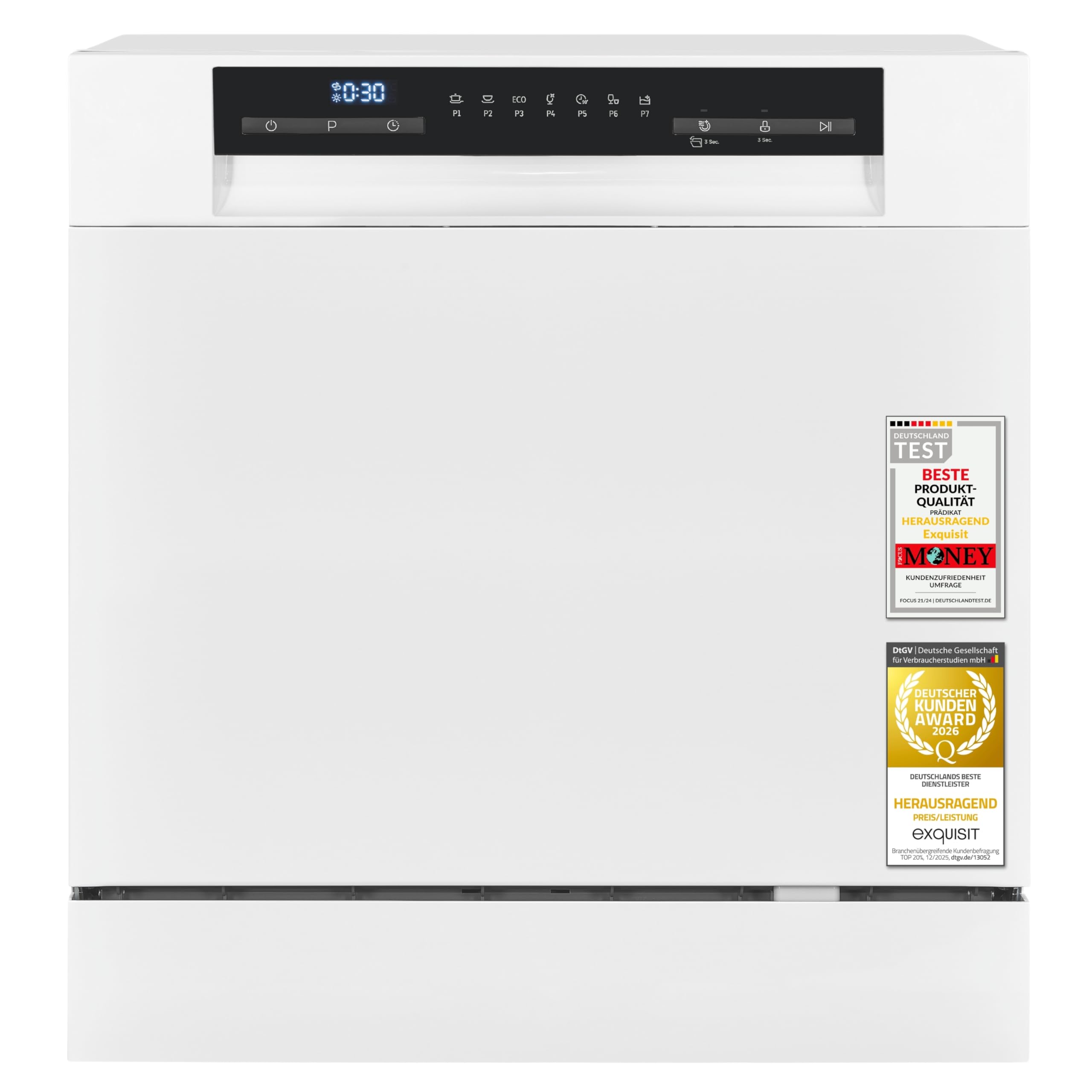 Exquisit GSP5508-030D Tischgeschirrspüler Spülmaschine Weiß 8 Maßgedecke Energieklasse D 7 Programme Extra-Trocknung Auto Door Open Innenbeleuchtung Startzeitverzögerung 49 dB