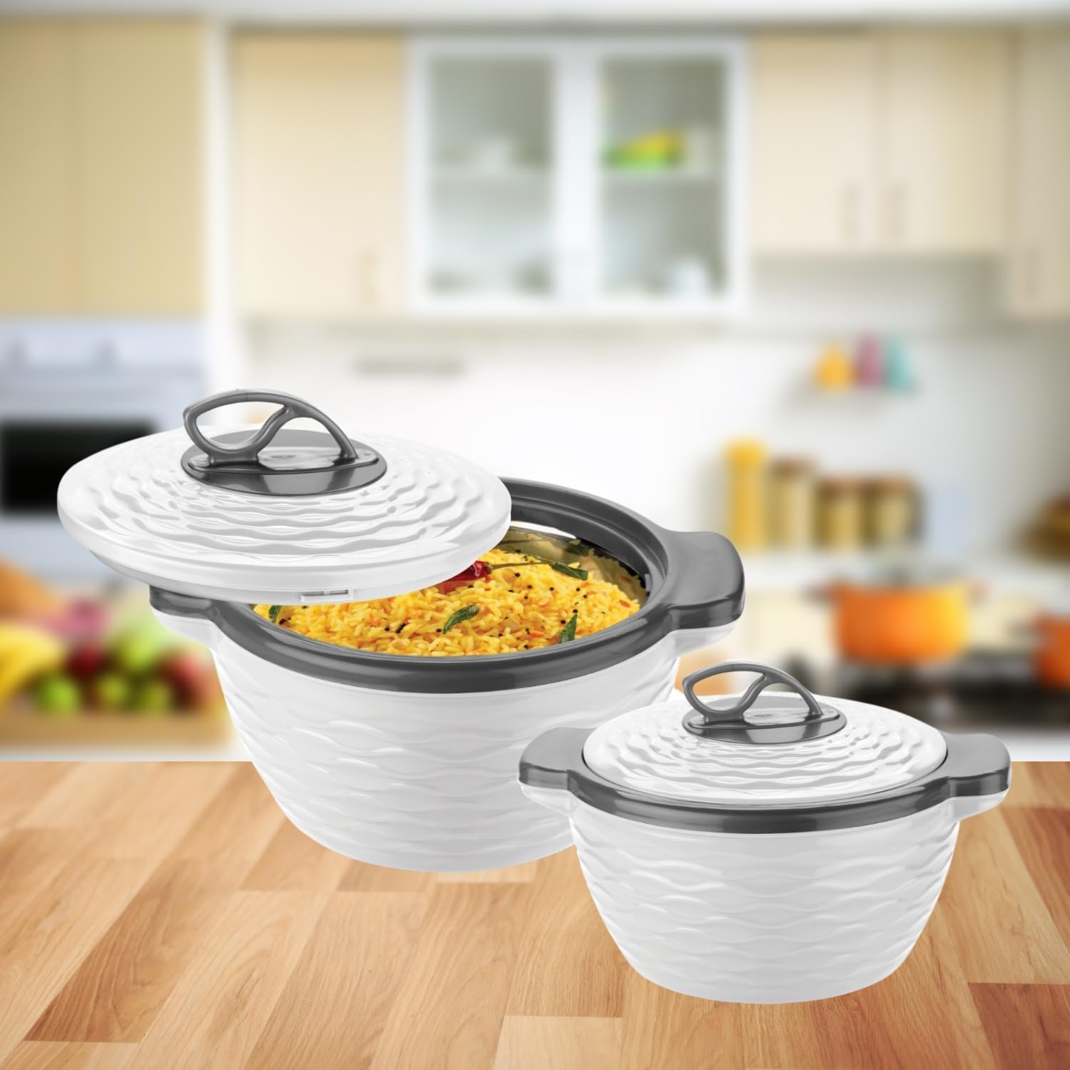 Brook White Thermo Insulated Casserole Set of 2 (1300ml, 2000ml) | PA Free | Food Grade | PU Insulated | Warm & Cold