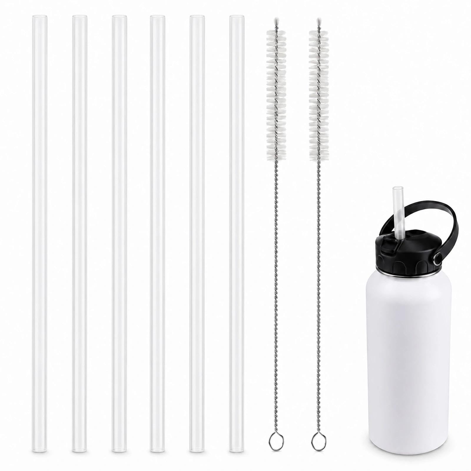 Replacement Plastic Straws Reusable Drinking Straws for Water Bottles 18-64oz, with 2 Straw Brushes, Clear Straws, Cuttable Length
