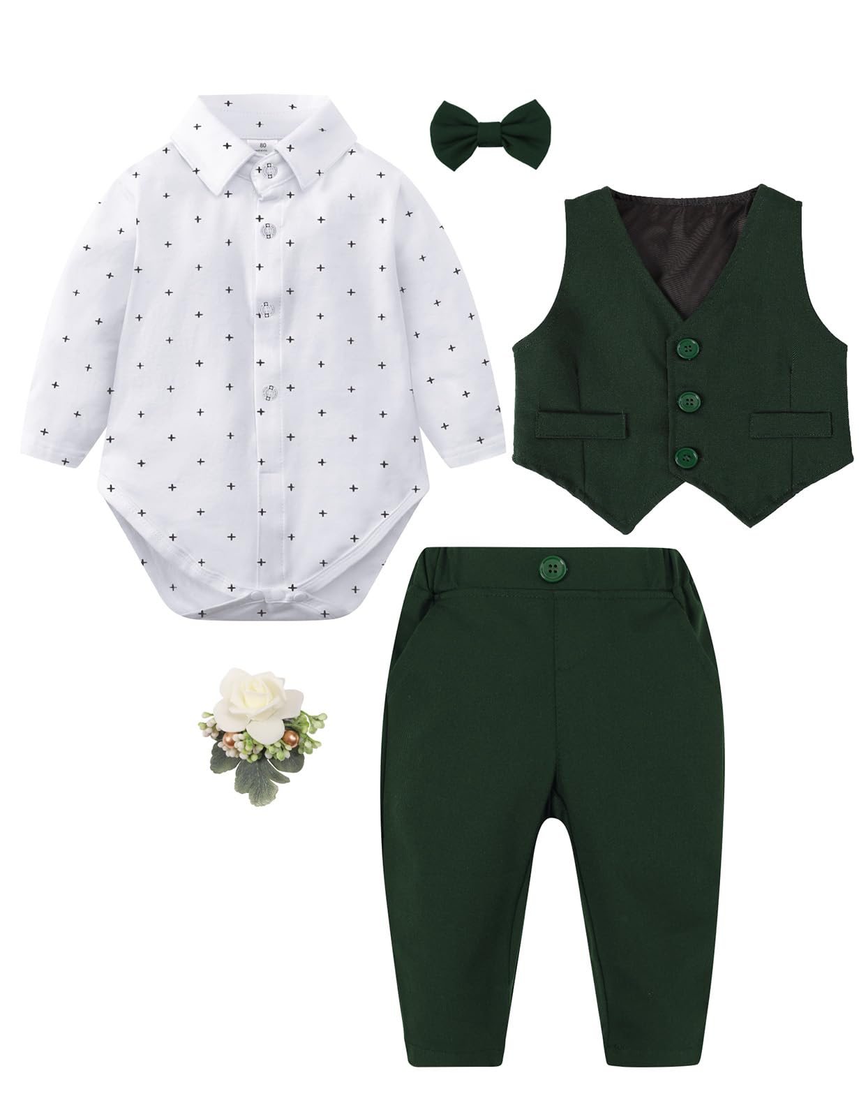 mintgreen Costume Bebe Garcon, 3pcs Ensembles Mariage Gentleman Vêtements Combinaison + Breast Flower Vest + Pantalon