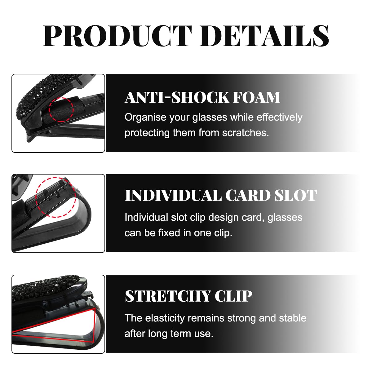 2 PCS Car Sun Visor Glasses Holder Fashion Bling Car Eyeglasses Sunglasses Hanger for Women Girls Glasses Holder — view 3