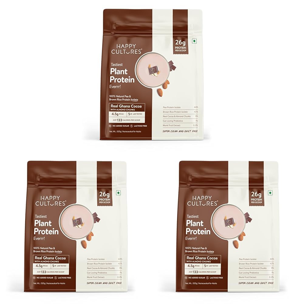 Happy Cultures 26g Tastiest Plant Protein| Chocolate (Ghana Cocoa) & Almond Chunks | Pea & Brown Rice Protein Isolate| No Added Sugar| Vegan| 18 Complete Amino Acids |Monk Fruit Extract| Women & Men| No Bloating, Easy to Digest| Dairy Free with Probiotics - 505g-image-21