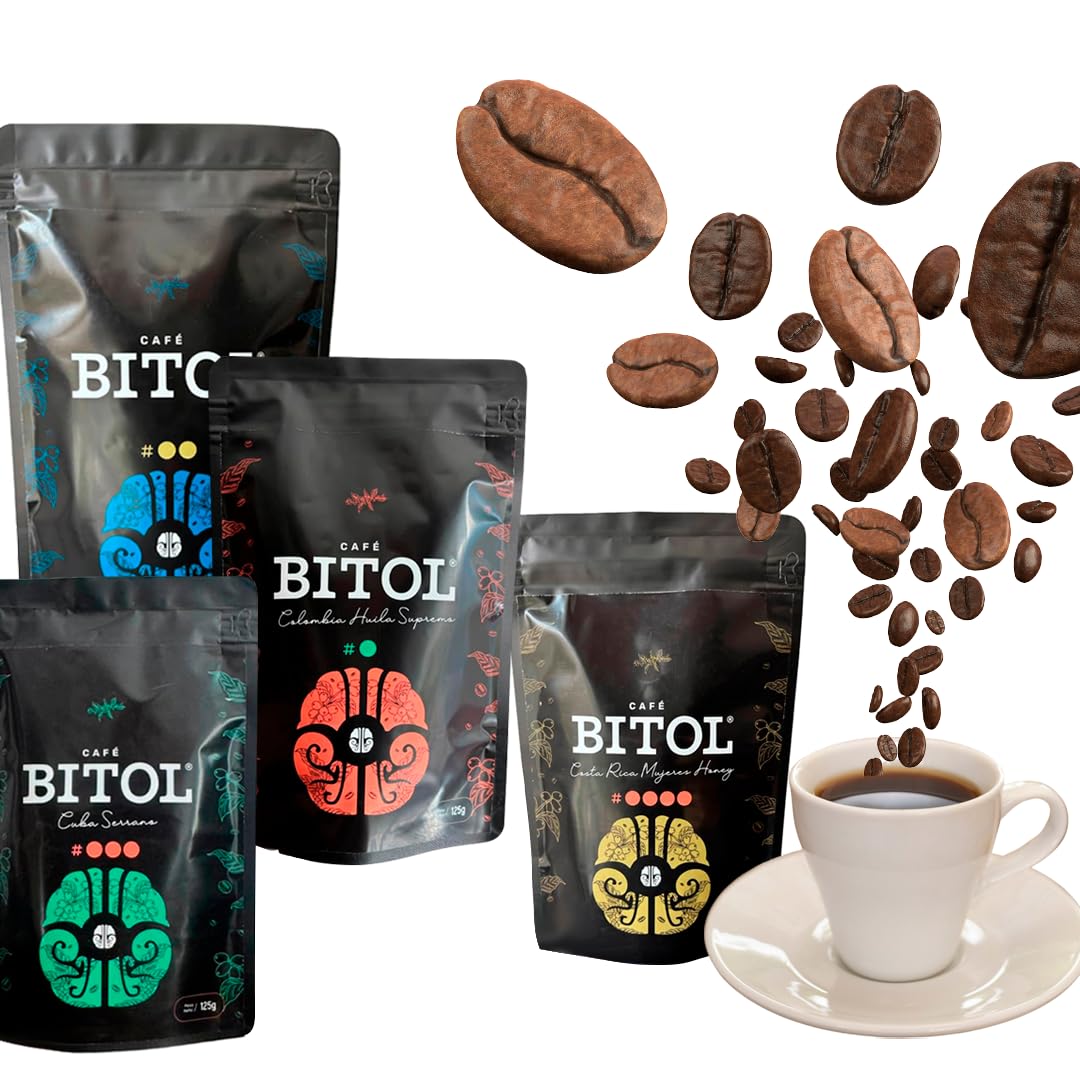 Pack Degustación BITOL | 4 Cafés de Especialidad 100% Arábica de Origen Único 4 x 125 gr + Molinillo Manual | Notas de Chocolate, Caramelo, Frutos Secos | Dulzura Natural | Equilibrado