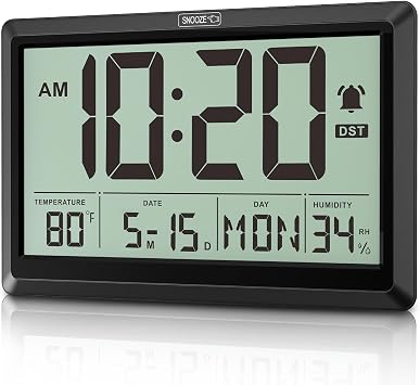 XREXS 10.4 Inch Digital Wall Clock, Battery Operated Large Display Clock, Digital Calendar with Indoor Temperature/Humidity/Date/Day, Auto DST for Classroom, Livingroom, OfficeNo Backlight