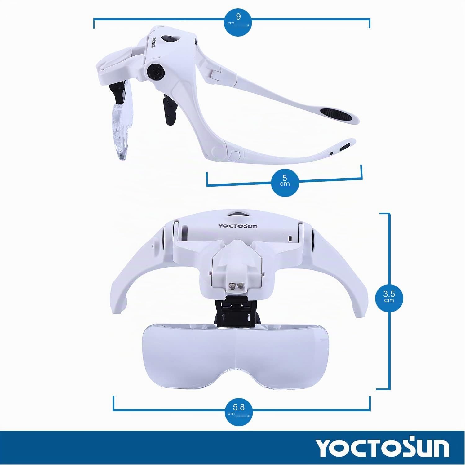 YOCTOSUN Lupas con luz LED, Lupa de Montaje en la Cabeza con 5 Lentes, Diadema, Estuche de Almacenamiento, Visera de Aumento de Cabeza iluminada Manos Libres para Trabajos cercanos y Manualidades