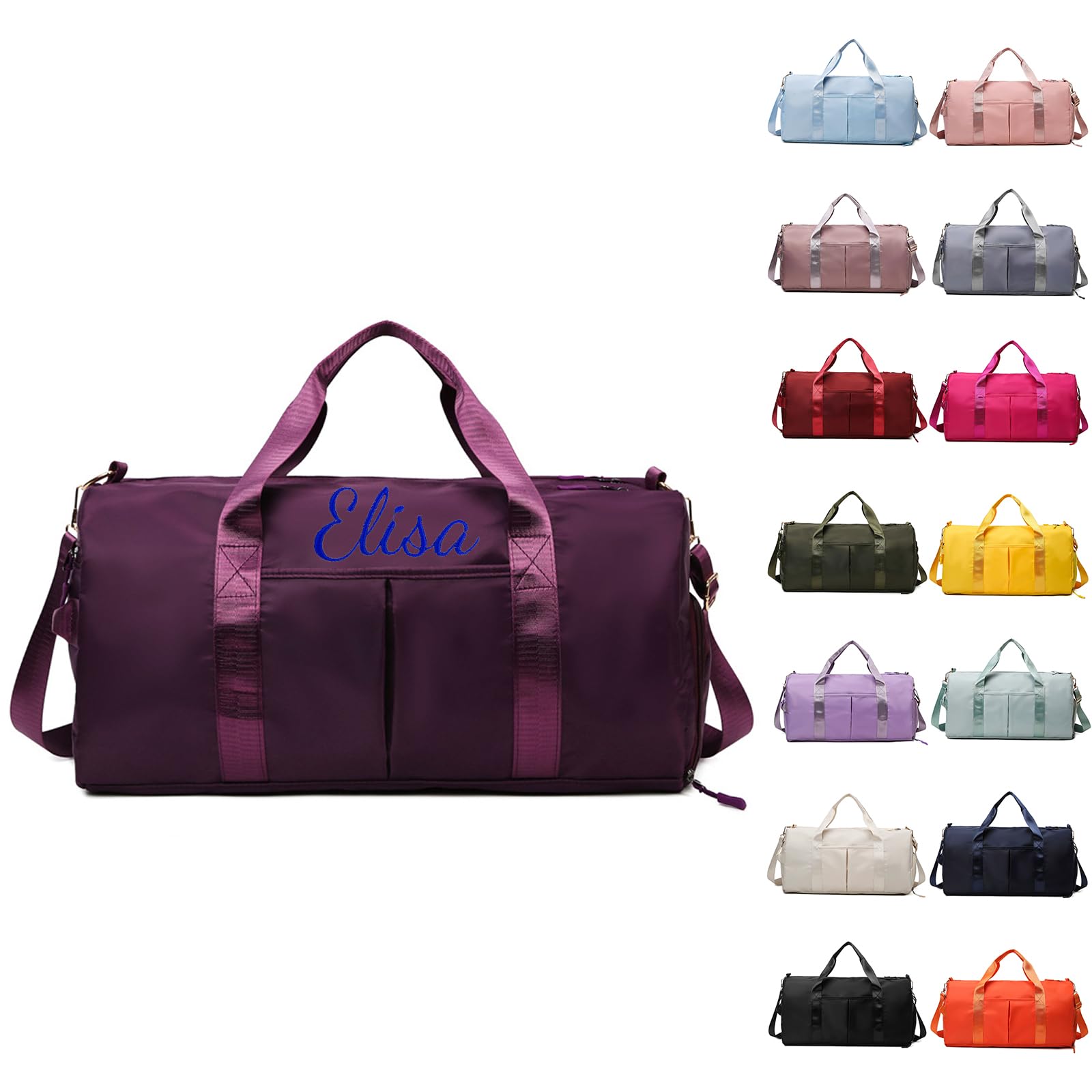 Personalized Gym Bag - Embroidered Travel Duffle With Trolley Sleeve, Waterproof Sports Bag With Shoe Compartment for Women, Weekender Overnight for Hospital and Swimming (Dark Purple)