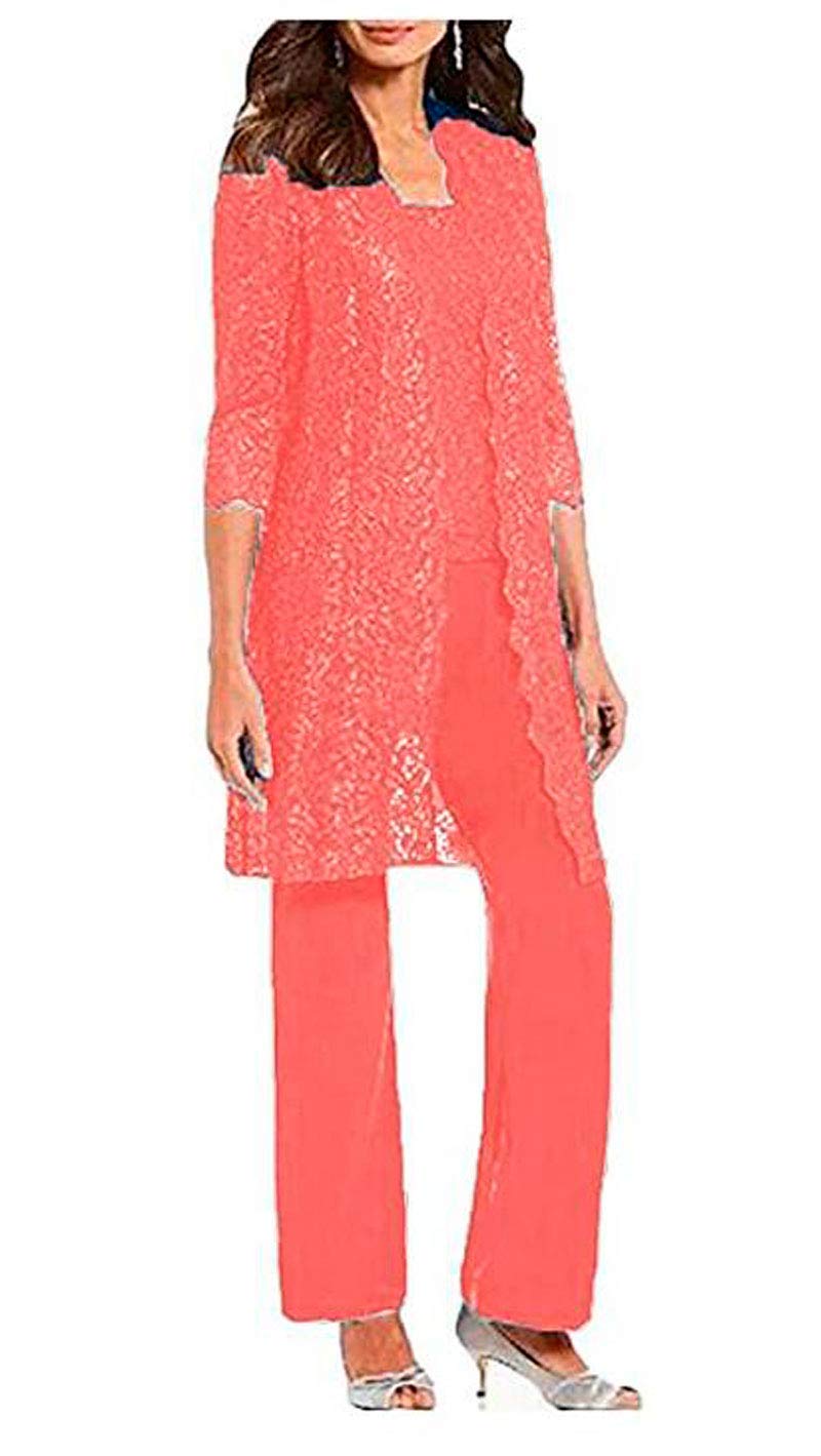 Botong Women's Coral 3 Pc Mother Of The Bride Pants Suit For Wedding Long Lace Jacket Chiffon Outfits For Prom Evening Uk16