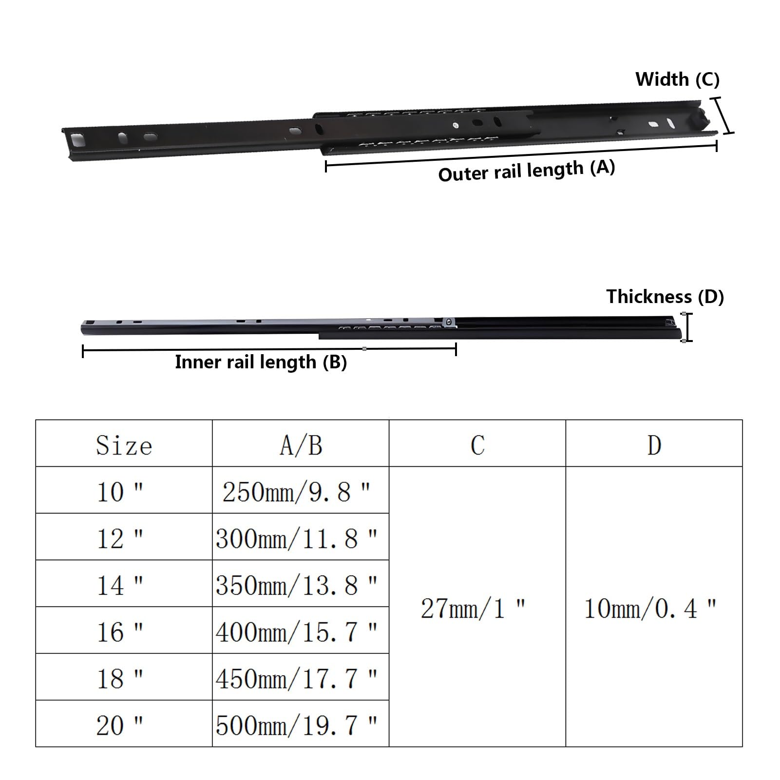 Prowadnice do Szuflad z Łożyskami Kulkowymi, Montowane z Boku, z Pełnym Wysuwem, 250 300 350 400 450 500 mm(18in(450mm))