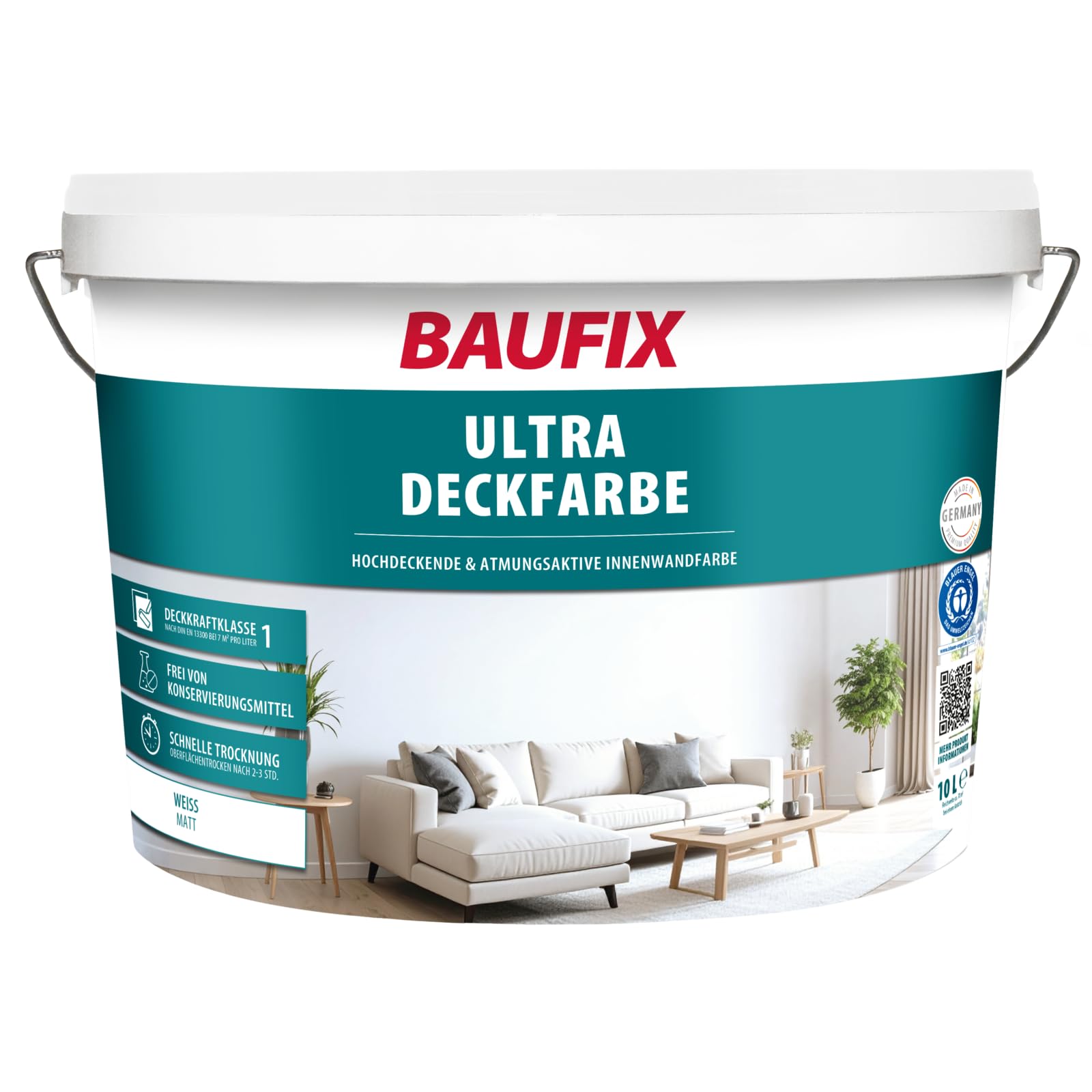 BAUFIX Ultra-Deckfarbe weiss, seidenmatt, 10 Liter, Wandfarbe, für innen, sehr hohe Deckkraft, Innenfarbe mit Deckfähigkeit Klasse 1