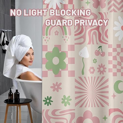 Miniatura 7 de Bonita cortina de ducha rosa Y2k Preppy Kawaii para niñas, decoración de baño a cuadros, tela impermeable con ganchos, 70 pulgadas de ancho x 72