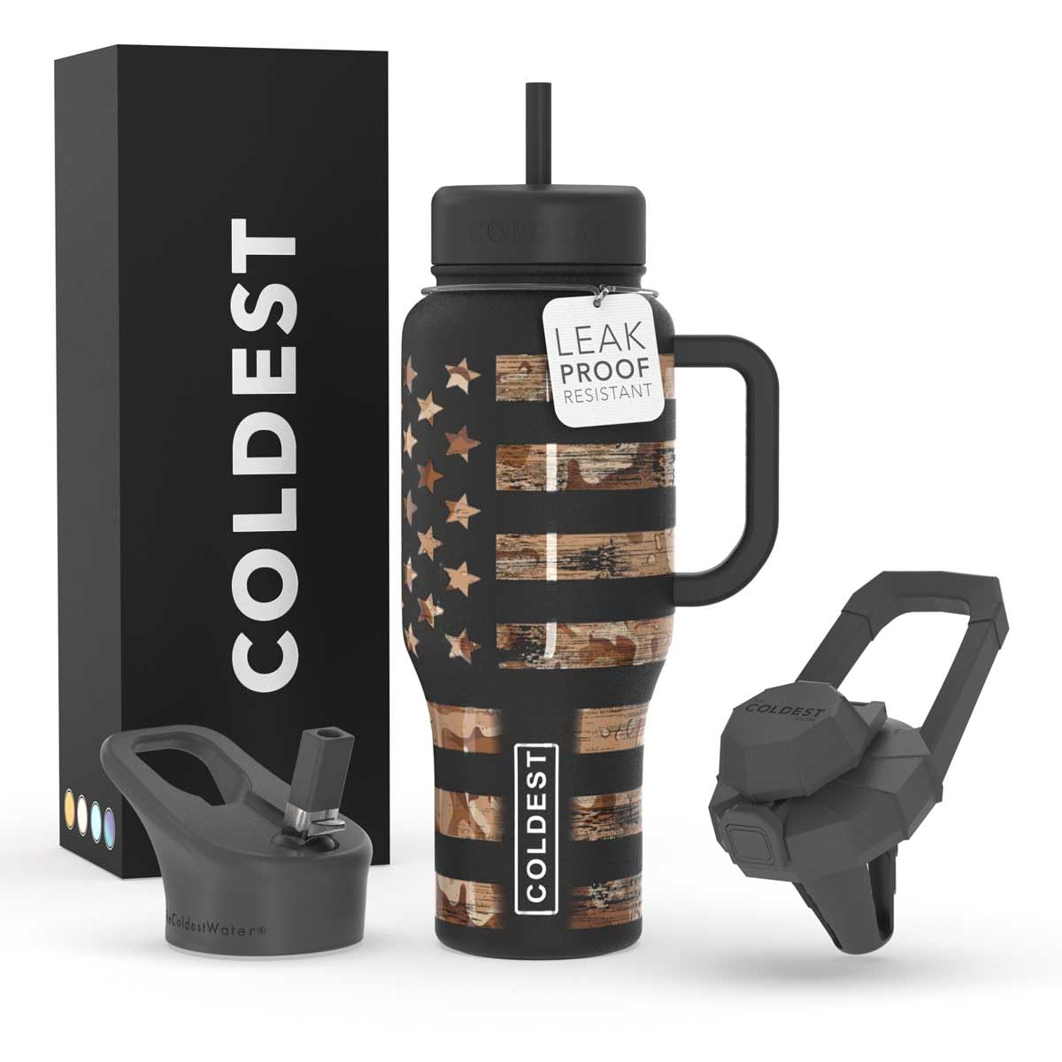 Coldest 40 oz Tumbler with Handle and Straw, 100% Leak Proof Insulated Tumbler with Lid and Straw (3 Lids), Stainless Steel Tumblers for Women & Men, Cup Holder Friendly, 36 oz (Camouflage Flag)
