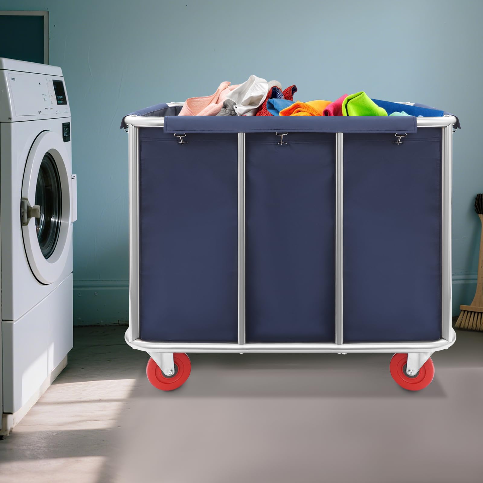 Carrello per la biancheria, 90 x 65 x 80 cm, in acciaio inox, con ruote, portata fino a 200 kg, per hotel, ospedali, mollette (blu) - 5
