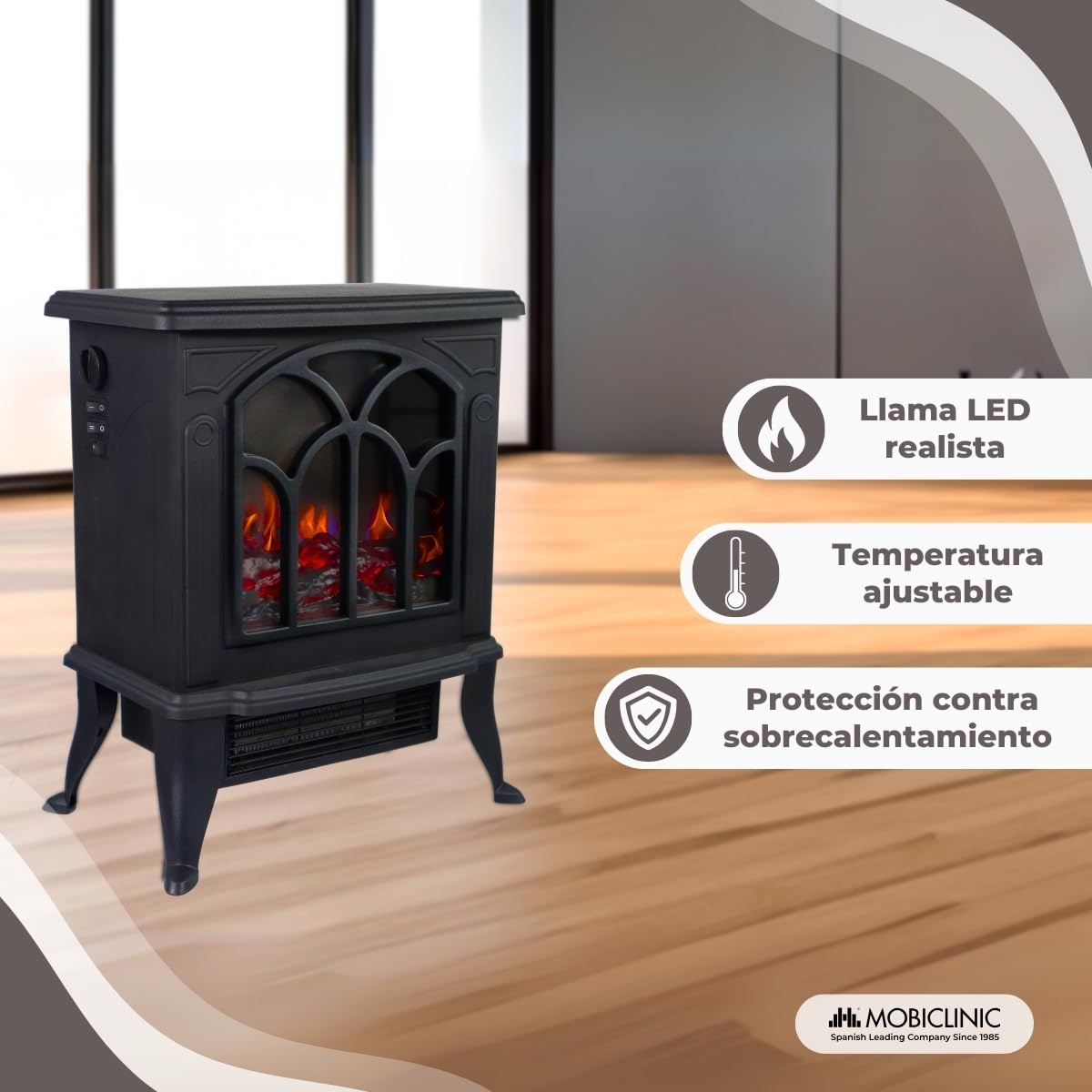 Mobiclinic® Chimenea Eléctrica de Pie Portátil 900/1800W Llama 3D Realista Temperatura Regulable 25 m²