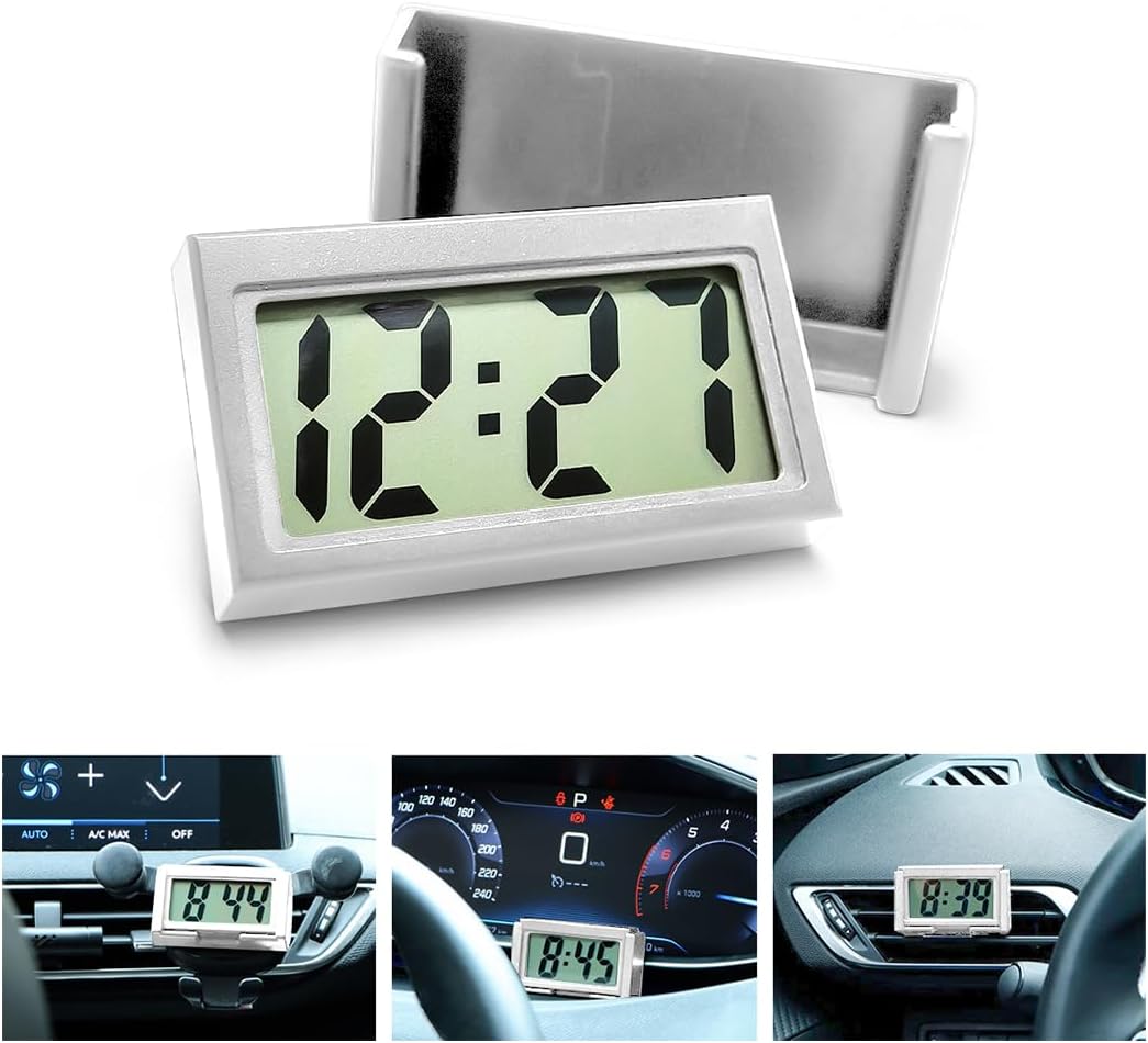 Osilly Mini Digital Clock for Car Dashboard, Battery Operated & Clear LCD Screen Time Display, Small Digital Clock with Self-Adhesive Bracket (White)