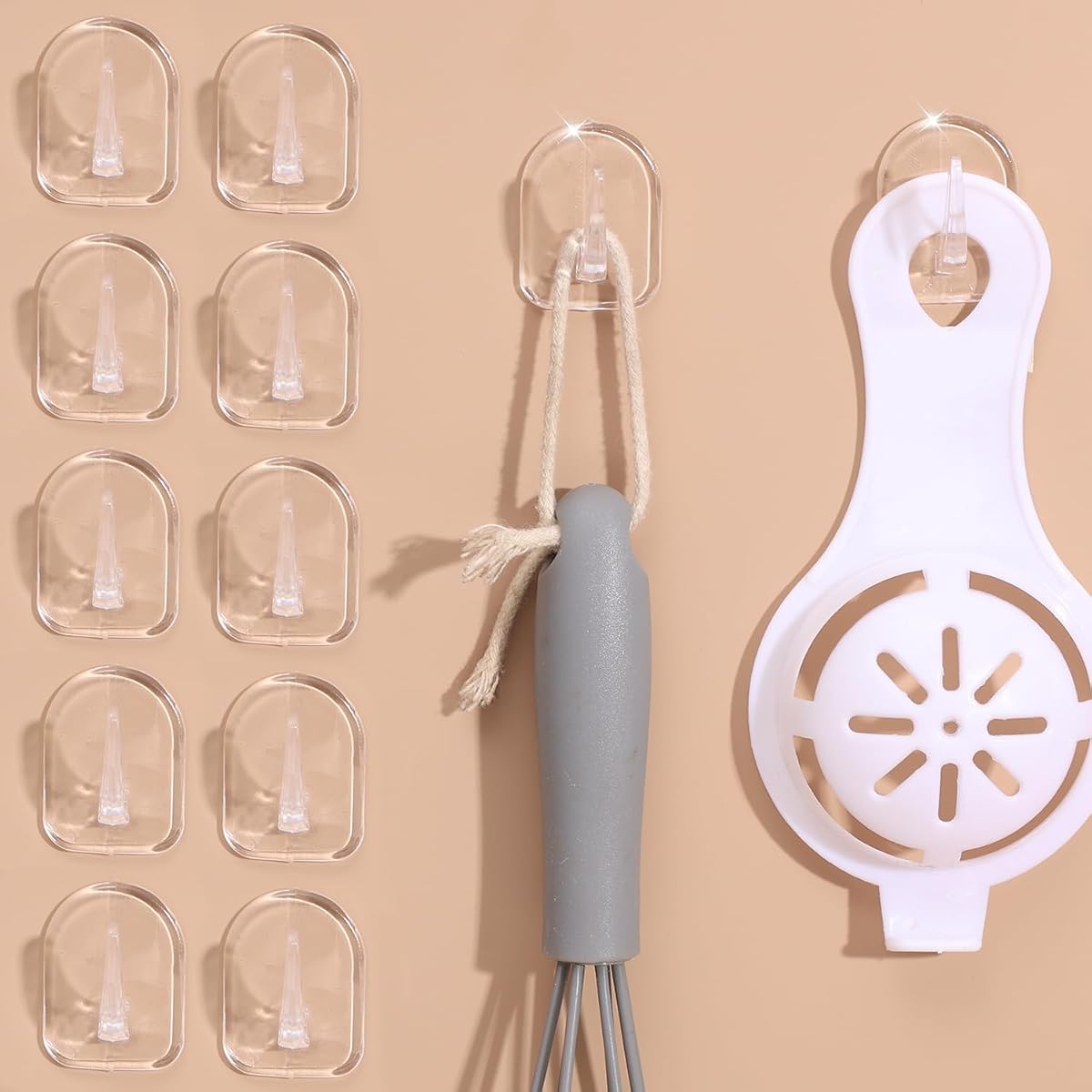 10PCS Clear Adhesive Hooks Wall Hooks, Transparent Reusable Small Acrylic Sticky Hangers with Non Marking Sticker for Home Kitchen Bathroom Bedroom Office Use (2.2x3cm)