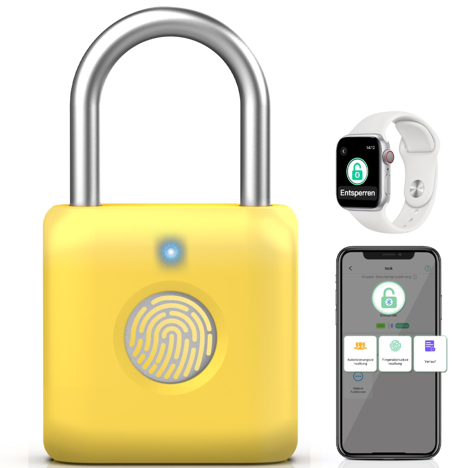 Anweller Candado de huellas dactilares, cerradura inteligente con Bluetooth, candado de huellas dactilares, pequeño para gimnasio, oficina, casa, jardín (amarillo limón)