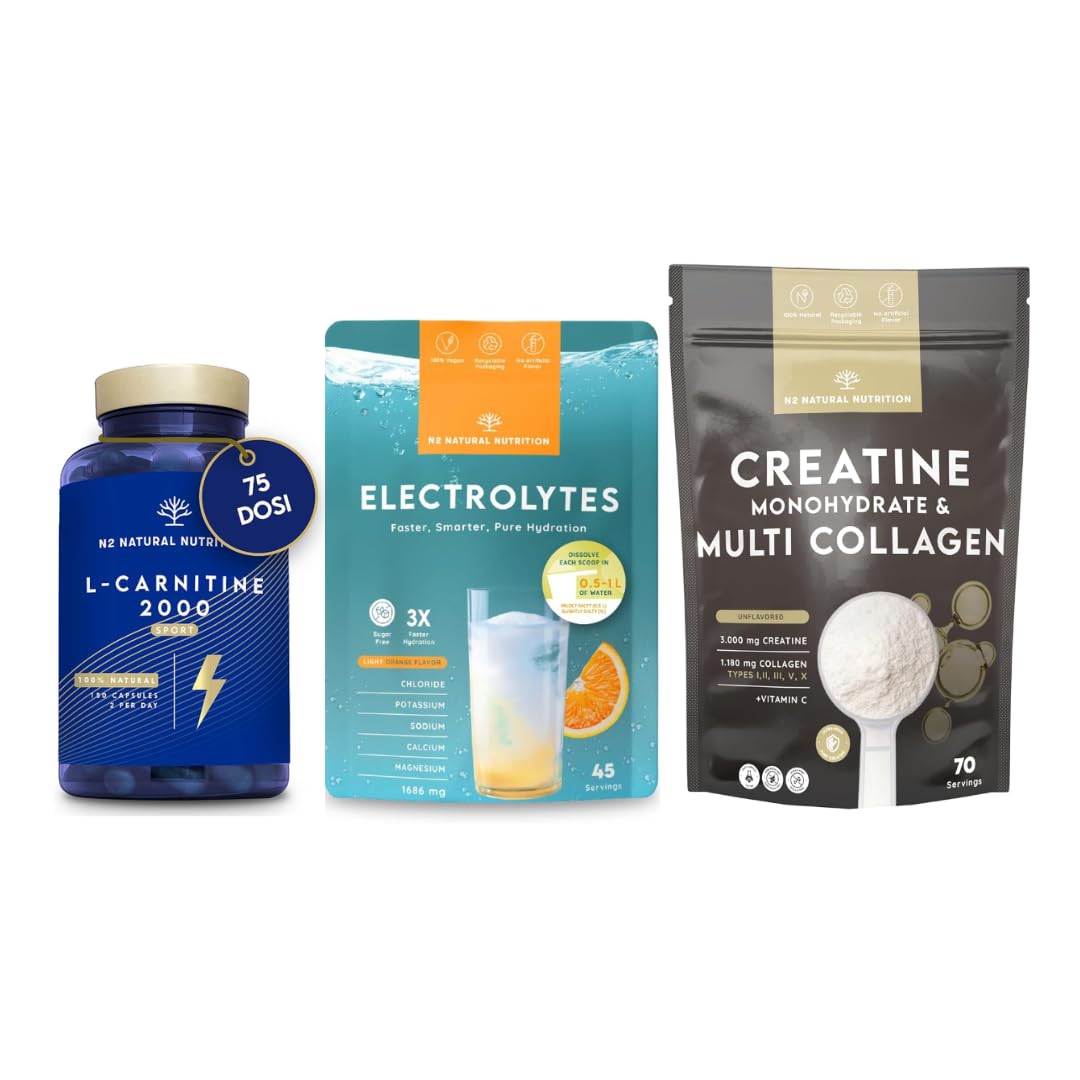 L-Carnitina 2000 150 Capsule + Elettroliti Senza Zucchero + Creatina Monoidrato con Collagene Multi Tipo 70 Dosi. N2 Natural Nutrition