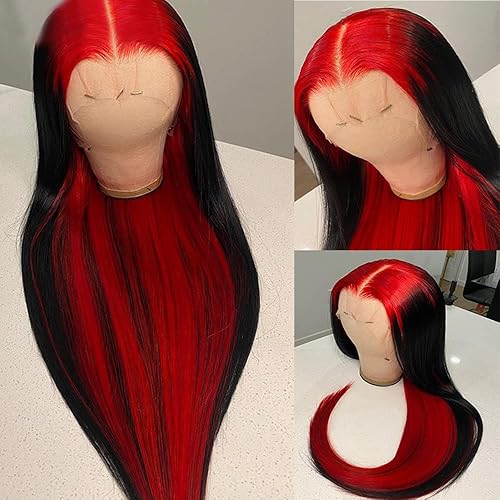 Peluca de cabello humano prearrancado con encaje frontal de 13 x 4 pulgadas, color rojo transparente HD, color rojo y natural, con abuelitos,