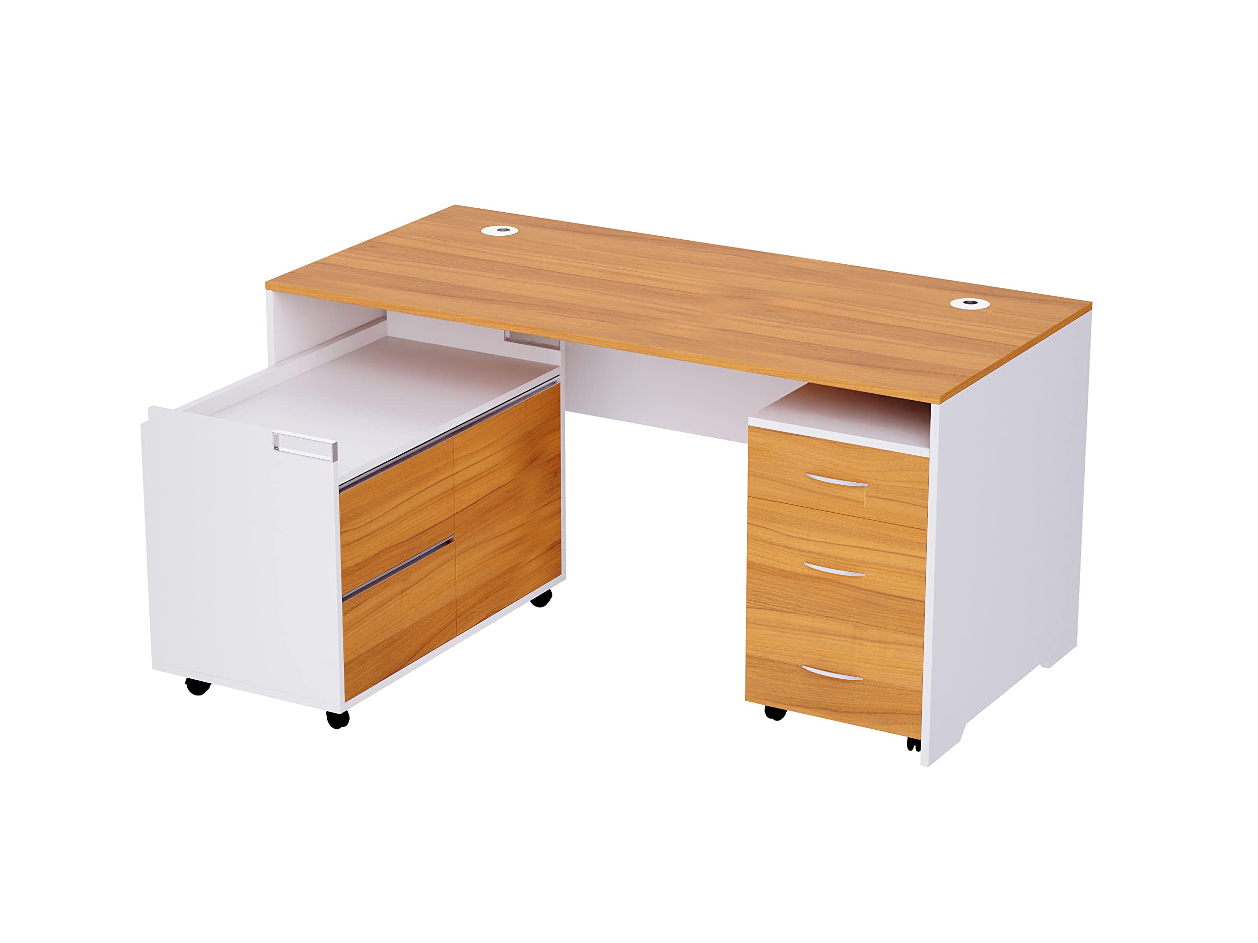 Mahmayi Zelda Melamine 246 16 L Shape Modern Desk Side Return Storage Unit with 2 Drawers - Light Walnut/White