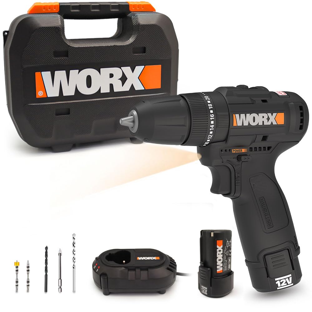 WORX WX121 Taladro Percutor 12V Brushless 40Nm Compacto, 3 en 1, 2 Baterías 2Ah, Cargador y Maletín, para Metal, Madera y Albañilería