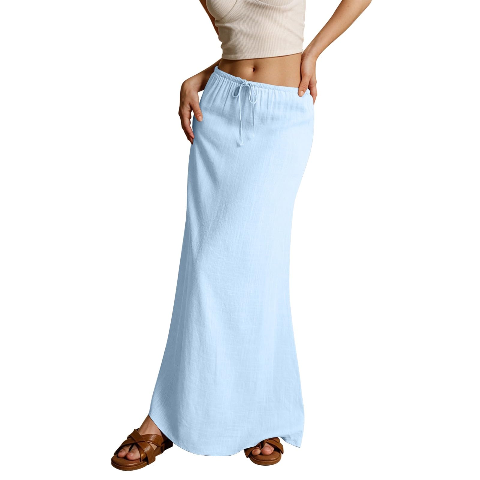 Linen Maxi Skirts for Women Summer Trendy Drawstring Waisted Comfy A Line Long Skirt Boho Flowy Vacation Beach Skirt
