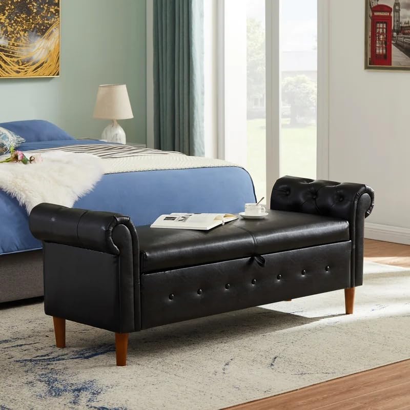 LEGACY OF COMFORT Bennison Faux Leather Upholstered Ottoman Bench with Storage for Living Room Round Handle,Storage Chest for Sofa Couch Bedroom Entryway (Black Leather)