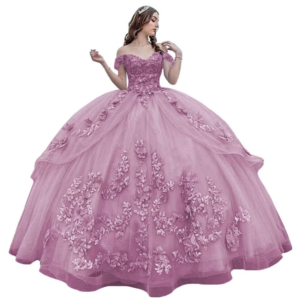 Mauuwy 3D Floral Quinceanera Dresses Ball Gown Puffy Sparkly Tulle Sweet 16 Dresses Off Shoulder Lace Princess Dress Y120