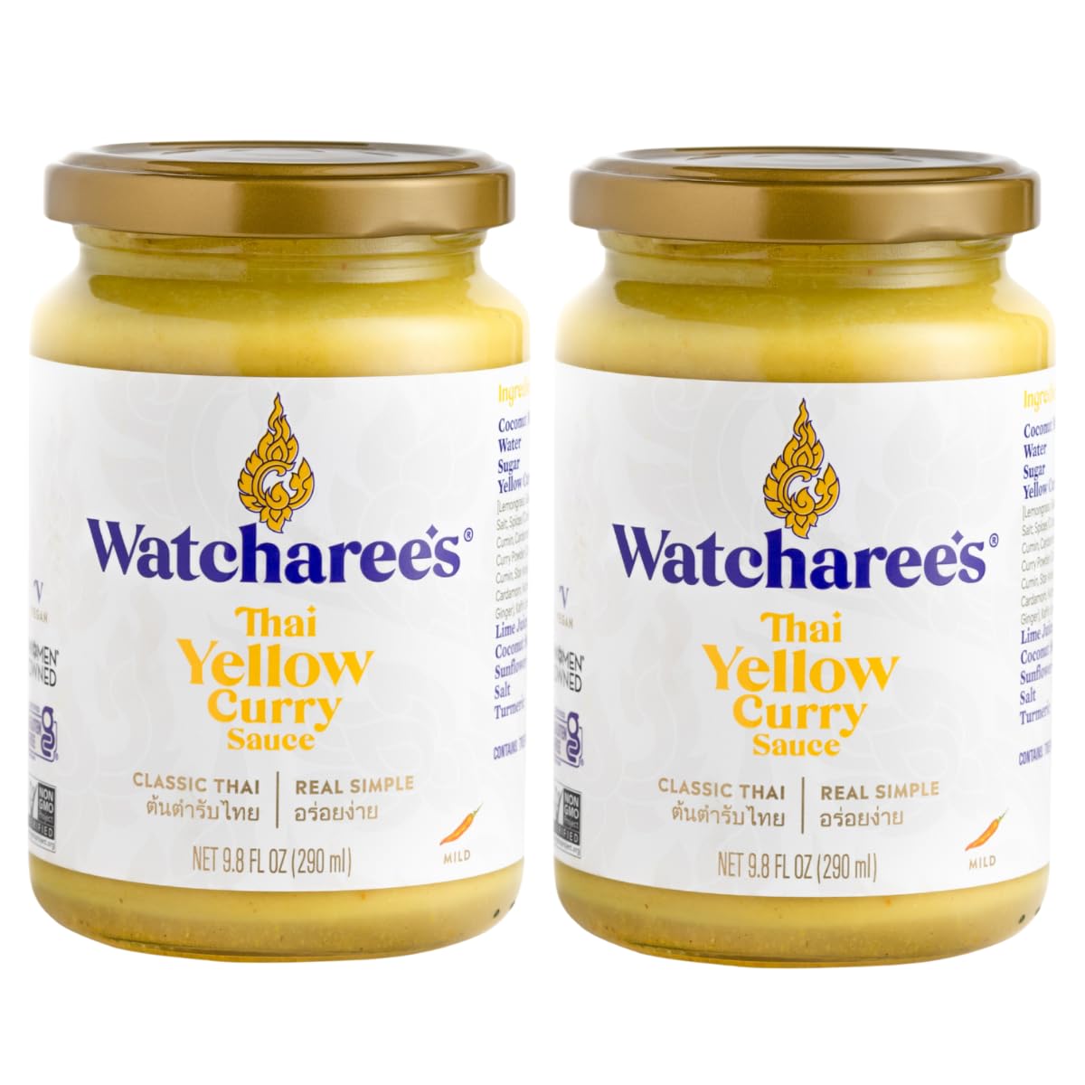 Watcharee's Thai Yellow Curry Sauce, Authentic Handcrafted Recipe, Vegan, Non-GMO, Gluten-Free - Pack of 2, 9.8 fl oz Per Jar