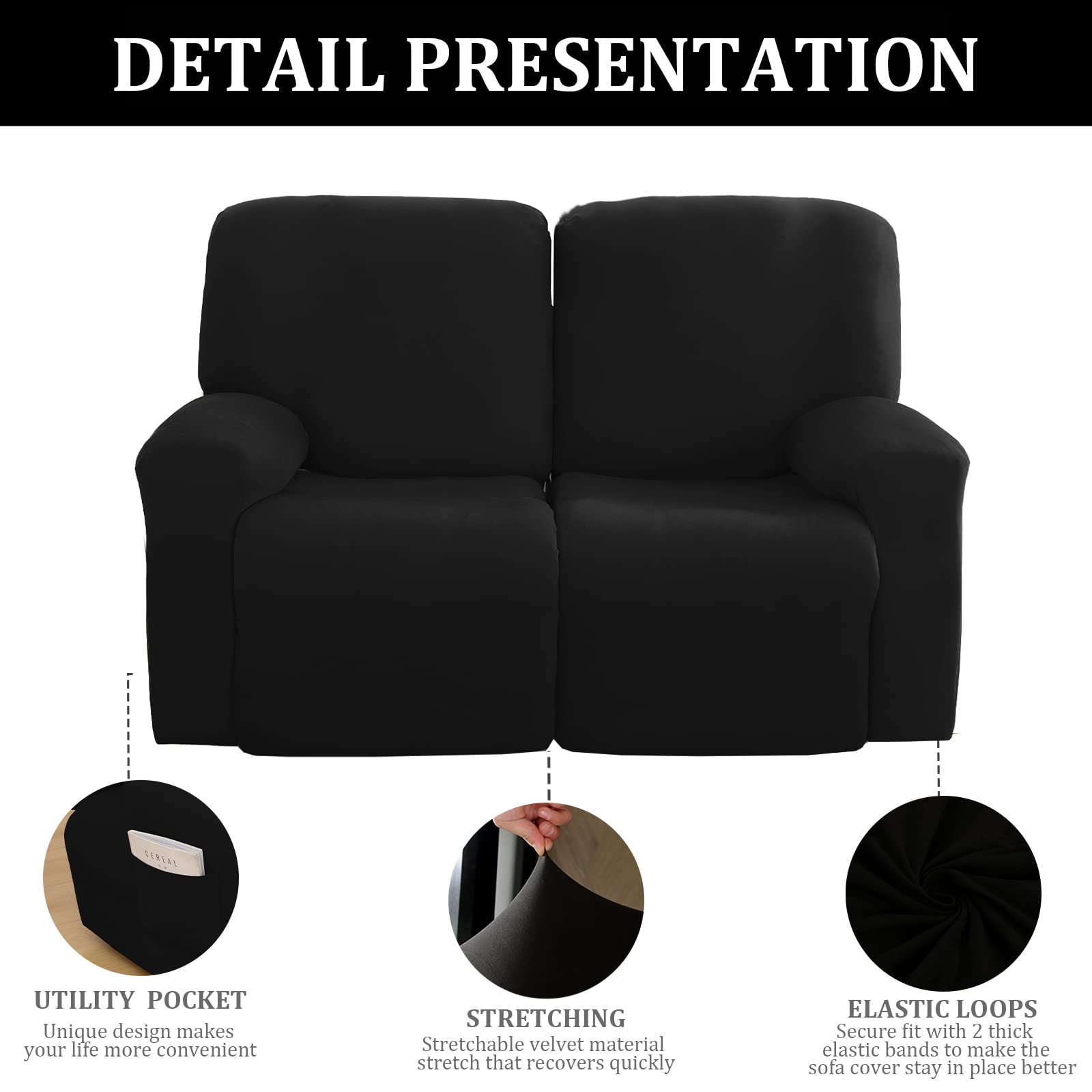 Jaotto Copridivano Relax 2 Posti Reclinabile, Fodere Copripoltrona 1 Posto Relax Universale con Tasche, 6-Pezzi Copridivano Fantasia Lavabile, Coperture per Divano da Massaggio,Nero